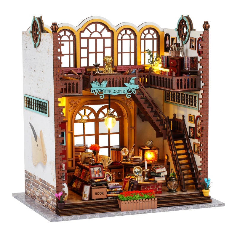 Quanquer Miniature House Kit: Magic Book Store Book Nook with Furniture and LED Light - DIY Kits for Adults - Wooden Doll House - Great Handmade Craft Model Kits - Tiny House Decor Ideal Gifts - Image 1